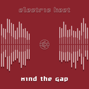 Cover artwork for the album Mind the Gap. On a maroon background, the words “electric keet” and “mind the gap” appear at top and bottom in white using a squat, angular typeface with rounded corners. Between them is a stylized waveform display in lighter shades of maroon; it's missing a large section from the middle. In the center is a rounded outline of the Electric Keet logo. All of this has sharp shadows as if floating slightly above the background.